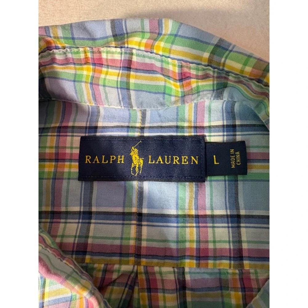 Ralph Lauren Mens Large Pastel Plaid Button Down Shirt Blue Yellow Pink Check L